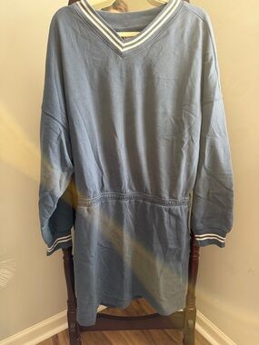 Abercrombie & Fitch Light Blue V-Neck Sweatshirt Dress with White Stripe Trim
